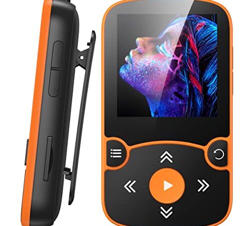 AGPTEK 32GB Clip Reproductor MP3 Deportivo Bluetooth 5.0, HiFi MP3 Player Portátil sin Pérdida, Radio FM, Podómetro Inteligente, Fotos, Soporta hasta 128 GB, Nanranja