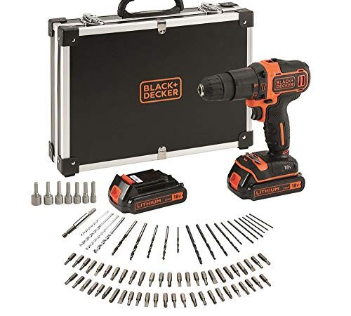 BLACK+DECKER BDCHD18BAFC Taladro Percutor con 80 accesorios Velocidad variable Luz LED 2 Baterías de 1.5Ah y Maletín