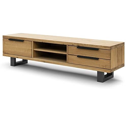 COMIFORT Mueble de TV - Mesa de Roble Macizo para Salón Moderno, Estilo Nórdico, con 3 Cajones y 2 Estantes, Patas de Acero con Acabado Negro, Color Ahumado