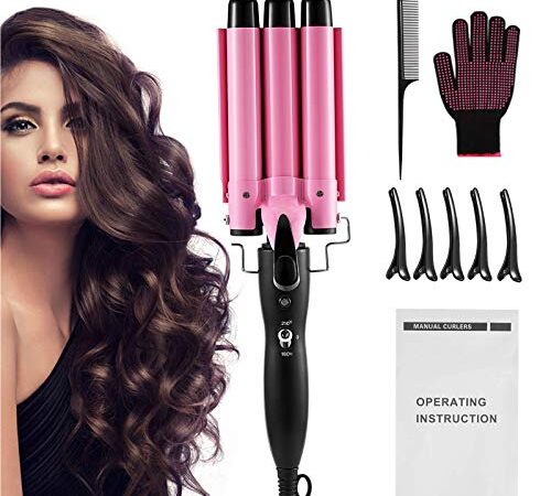 DazSpirit 22mm Rizador Pelo 3 Tubos Rosas para Cabello con Control Inteligente de Temperatura, Ondulador de Pelo de cerámica para Peinado, Ondulado, Rizado, Peluquería Delgada