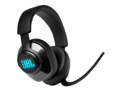 JBL Quantum 400 Auriculares para gamers con un diseño llamativo, tecnología de virtualización surround y reproducción DTS, con micrófono y RGB, compatible con múltiples plataformas, en negro