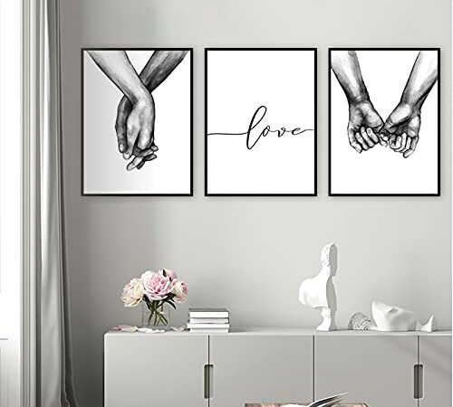 Juego de impresiones de pared, 3 piezas mano a mano blanco y negro cuadros modernos póster a juego decoración, para salón, dormitorio 40x50cm (L)