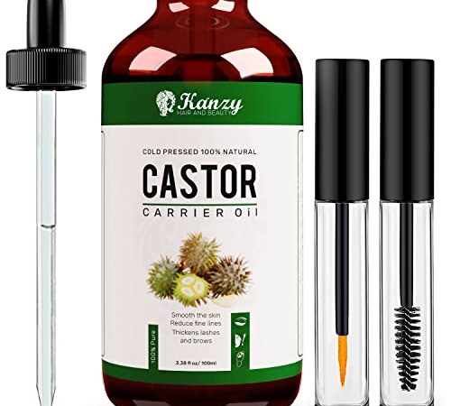 Kanzy Aceite de Ricino para Pestañas y Cejas 100ml Aceite de Ricino Puro para Cabello, Barba, Uñas, Cuerpo y el Rostro Prensado en Frío, Ideal Aceite Pelo Crecimiento Cabello Castor Oil con Cepillos