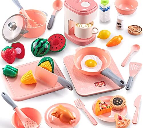 Kopi Corgi Juguetes de Cocina para niños,36 Piezas Accesorios Cocina Juguete Juego de Roles de Cocina,Comida Juguete,Ollas y Sartenes,Cafetera,Utensilios Cocina Juguete Regalo para Niños Niñas 3+Años