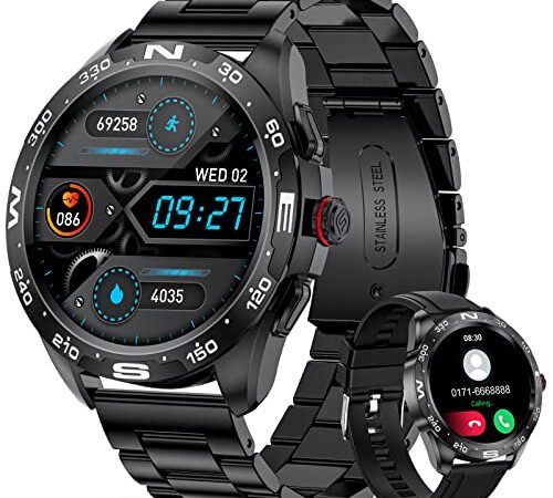 Reloj Inteligente Hombre, 1.32" Pantalla Táctil Completo con Llamada Bluetooth/Notificaciones Inteligentes/Monitor de Ritmo Cardiaco Sueño, 3ATM Impermeable smartwatch Hombre para Android iOS, Negro