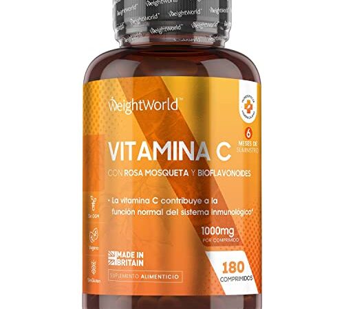 Vitamina C 1000 mg 180 Comprimidos Vegano Con Bioflavonoides y Rosa Mosqueta - 6 Meses de Suministro, Vitamina C Pura Altamente Concentrada De Ácido Ascórbico Reduce Cansancio Y Fatiga