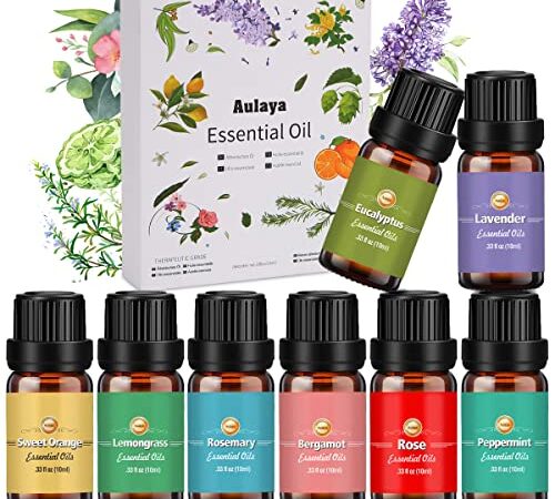 Aulaya Set de Aceites Esenciales para Difusor, 8 x 10 ml Aromaterapia Aceite Aromático, Essential Oils Set para Humidificador, Lavanda Eucalipto Limoncillo Menta Rosa Naranja Dulce, etc