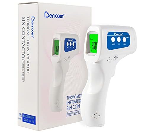 Berrcom Termómetro Digital Termómetro Frente Infrarrojo sin Contacto Termómetro Bebés, Médico Termometros Pantalla Retroiluminada de Tres Colores, ℃ y ℉ Conmutable, Temperatura de Lectura Instantánea