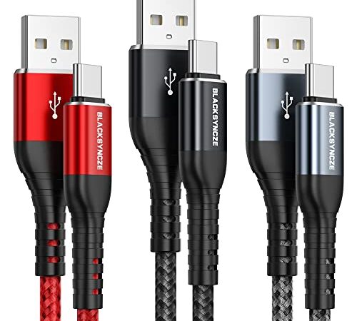 BLACKSYNCZE Cable USB C, [3 Pack 2M] 3,1A Cargador Tipo C Nylon Cable Tipo C Carga Rápida y Sincronización para Samsung Galaxy S22 S21 S20 S10 S9 S8 A71 A51 Note 20 10, Huawei P40 P30 P20, Mi 12 11