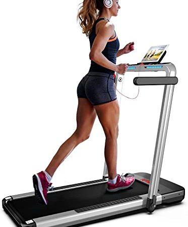 Cinta de Correr Plegable 2 en 1,FLYLINKTECH Home Cinta de Andar Silencioso con Bluetooth, hasta 14 km/h, 40 * 100cm cinturón para Correr, 12 Modos de Ejercicio, Pantalla táctil LCD