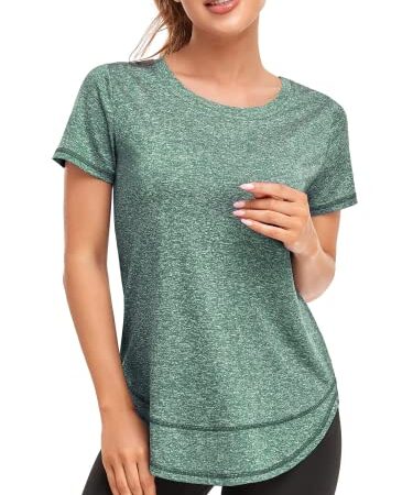 Deaviya Camiseta Deportiva para Mujer, Camiseta de Manga Corta, Camiseta de Entrenamiento, Cuello Redondo, atlética, Informal, Correr, Yoga, Camiseta Dividida (3XL, Verde)