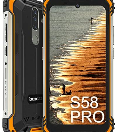 DOOGEE S58 Pro Móvil Resistente, 6 GB RAM + 64 GB ROM, 5180mAh, 4G Smartphone Barato Android 10, Cámara Triples 16MP, 5.7" HD Pulgada, IP68 IP69K Telefono Movil Todoterreno, NFC/GPS, Face ID -Naranja