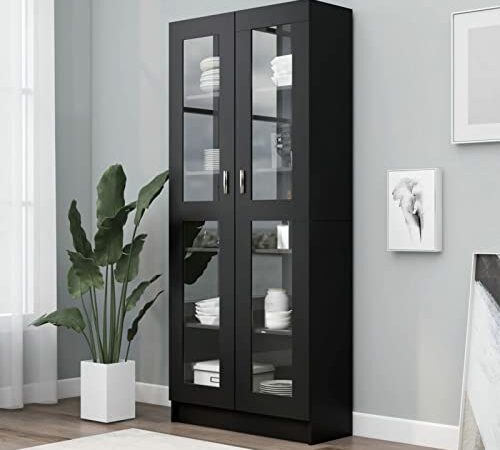 Festnight Armario Vitrina, Mueble Vitrina de Cristal,Vitrinas de salón,Aparador Cocina,Armario Auxiliar de Almacenamiento,con 5 Estantes 2 Puertas, 82,5x30,5x185,5 cm Negro