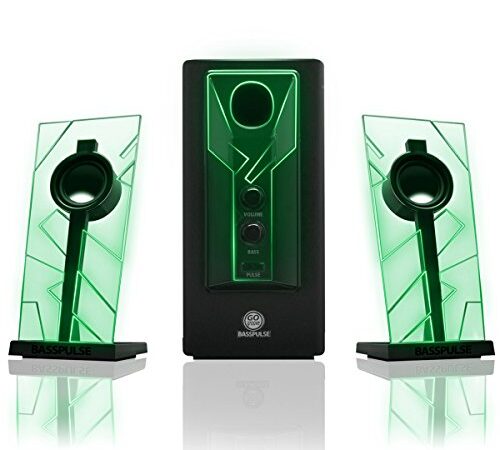 GOgroove BassPULSE 2.1 Altavoces PC Gaming con Luces LED y Subwoofer Activo - Sistema de Altavoces para Juegos en Computadoras de Escritorio, Portátiles, PC 40 Vatios, Graves Pesados ​​- Verde