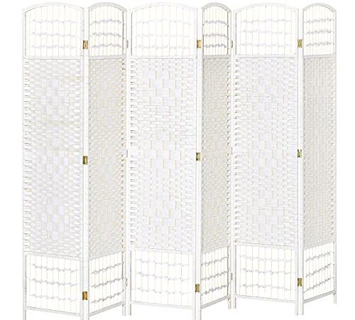HOMCOM Biombo de 6 Paneles Separador de Ambientes Plegable 242x170 cm Divisor de Habitación de Fibra de Papel Decoración Elegante para Dormitorio Salón Blanco