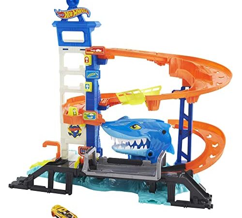 Hot Wheels City Mordisco del tiburón Pista para Coches de Juguete, Incluye 1 vehículo Die-Cast, Regalo +4 años (Mattel HDP06)