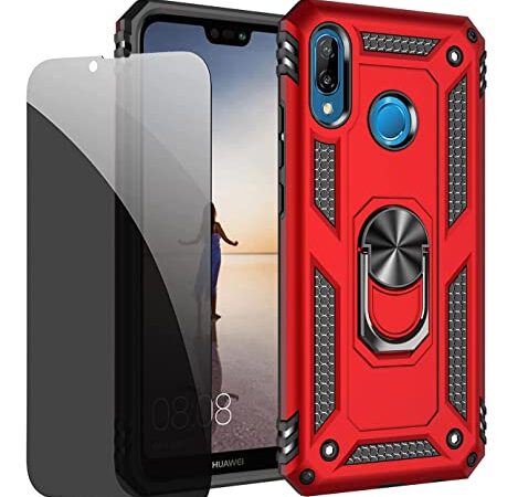 JOYTAG Funda para Huawei P20 Lite Carcasa Rojo con Protector de Pantalla de Privacidad, Anti Espía Cristal Templado