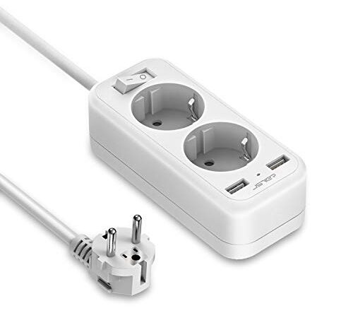 JSVER Enchufe USB con 2 Puertos de USB y 2 Tomas (3680 W/16 A) Alargador Regleta Enchufe Viajar Alargador Multiple con Interruptor Carga para iPad iPhone Tablets - Cable 1.5 m-Blanco