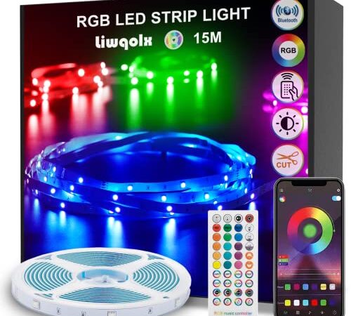 Liwqolx Tira LED 15 Metros, Luces LED Habitación 15M, RGB Bluetooth Tiras LED con Control Remoto y Inteligente Control de APP, Cambia el Color con la Musica, Para Decoración de Bares, Fiestas, Cocina