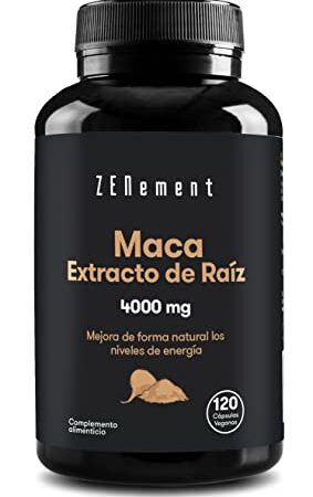 Maca Peruana Extracto de Raíz 4000 mg, Altamente Concentrado, 120 Cápsulas Veganas | Incrementa los niveles de Energía, la Vitalidad, el Rendimiento Atlético y Equilibrio Hormonal | Zenement