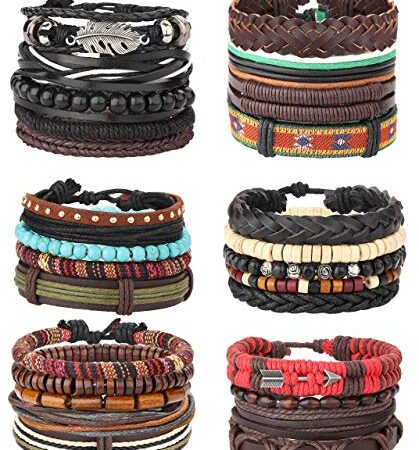 MILACOLATO 26 Piezas Tejidas Pulsera de Cuero Trenzado para Hombres Mujeres Cordones de Cáñamo Cuentas de Madera Brazaletes de Puño Ajustable