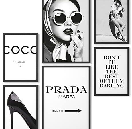 Papierschmiede® Mood Poster Set Coco blanco-negro, Cuadros como decoración de paredes, Living y dormitorio, 2x A4 y 4x A5, Glamour Estilo de vida Moda - sin marco