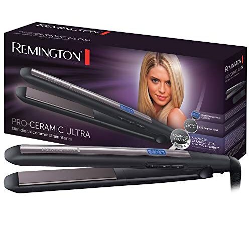 Remington Plancha de Pelo Pro Ceramic Ultra, Cerámica Avanzada Ultra, Placas Flotantes Extralargas, Temperatura hasta 230°C, Función Turbo y Bloqueo Temp, Digital, Calentamiento 15s Negro 110 mm S5505