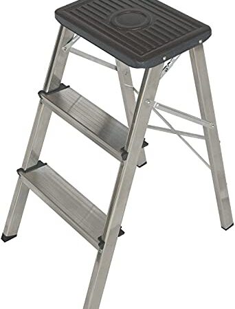 Taburete Plegable Escalera Aluminio 3 peldaños de Tijera Super Resistente hasta 150Kg Acero y alumino Antideslizante Altura de Trabajo hasta 245cm (3 Peldaños)