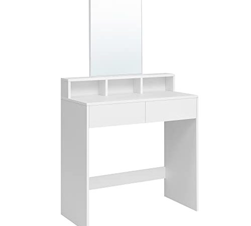 VASAGLE Tocador, Mesa de Maquillaje con Espejo Grande, Gabinete con 2 Cajones y 3 Compartimentos, Estilo Moderno, Blanco RDT113W01