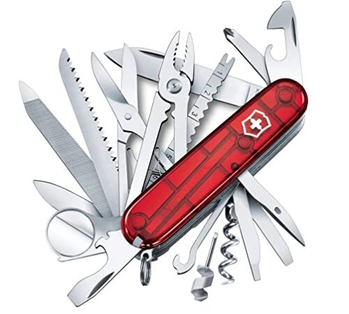 Victorinox Swiss Champ Navaja con 33 funciones, incluyendo alicates combinados, tijeras y lupa, de color rojo transparente