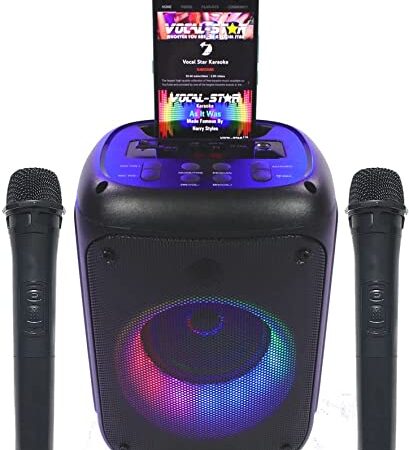 Vocal-Star VS-275 Máquina de karaoke portátil con Bluetooth, 2 micrófonos inalámbricos, altavoz de 60 W, efectos de luz, grabaciones de canto, recargable