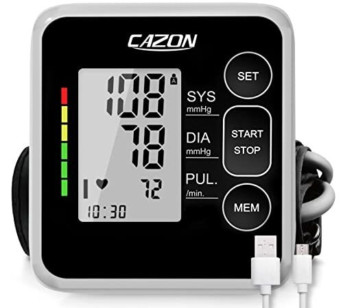 CAZON Tensiómetro de Brazo,Monitor de presión para uso doméstico arterial Máquina de presiónarterial de brazo Detector electrónico de frecuencia cardíaca con brazalete 22-40cm, 2X120 memoria (Negro)