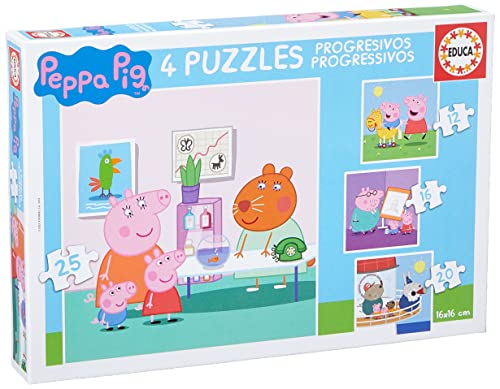 Educa - Peppa Pig, Conjunto de 4 Puzzles Progresivos de 6, 9, 12 y 16 Piezas Cada uno, Recomendados a Partir de 3 años para Que se atrevan con Distintos Niveles de dificultad (16817)