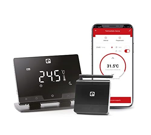 Garza Smart - Termostato Inalámbrico Wifi Inteligente para caldera y calefacción, programable, pantalla táctil, Wifi 2.4GHz, control remoto por app y por voz Alexa/Google, Negro