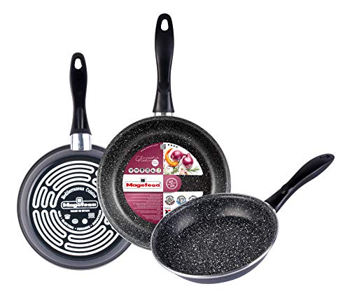 MAGEFESA K2 Gransasso Juego de 3 sartenes (18/20/24) cm de Acero vitrificado Exterior Gris Moteado. Antiadherente bicapa Reforzado Efecto Piedra, aptas para Todo Tipo de cocinas