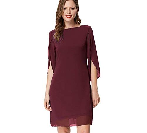 Vestido Mujer Mangas 3/4 Escote Redondo Color Liso para Verano Primavera Vino Tinto L Cl011125-1