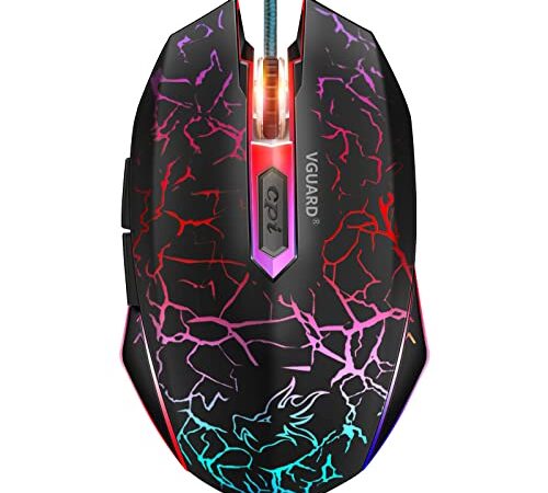 VGUARD Ratón Gaming con Cable, 4 dpi Adjustables hasta 2400, Gaming Mouse Óptico, Ratón Ergonómico Óptico RGB con 6 Botones y LED 7 Colores para PC, Portátil. (Versión Mejorada) - Negro